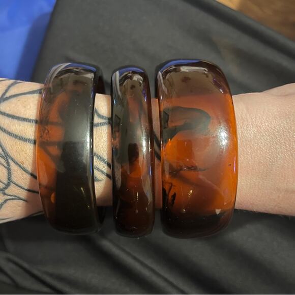 Vintage Set of 3 Large Wide Tortoise Shell Genuine Lucite Bangle Bracelets NEW - Picture 7 of 10